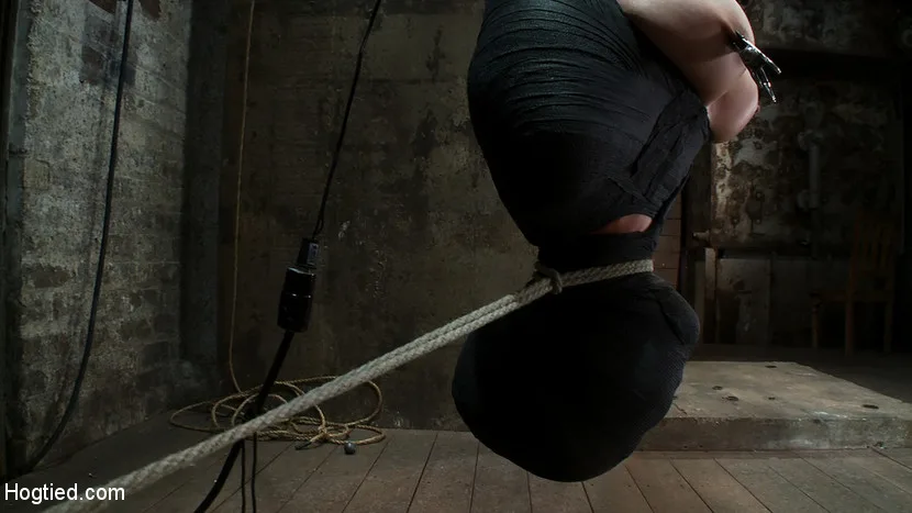 Cute little blond girl is mummified, vibrator stuck on her clit. Hung upside down to cum & cum. - Hogtied - 3847