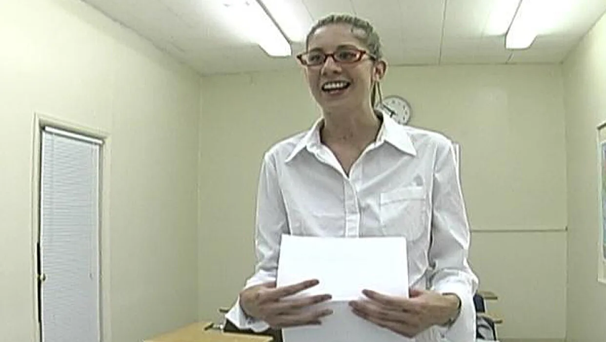 Blonde Lisa Marie fucking in the desk with her natural tits - Naughty Bookworms - 3138